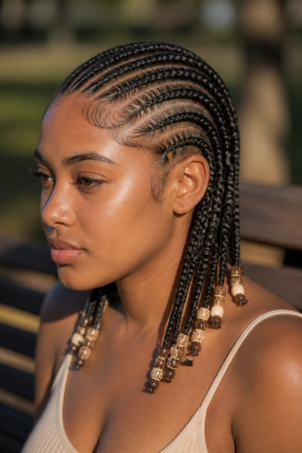 Close-up of cornrows ending with beads on a real person.