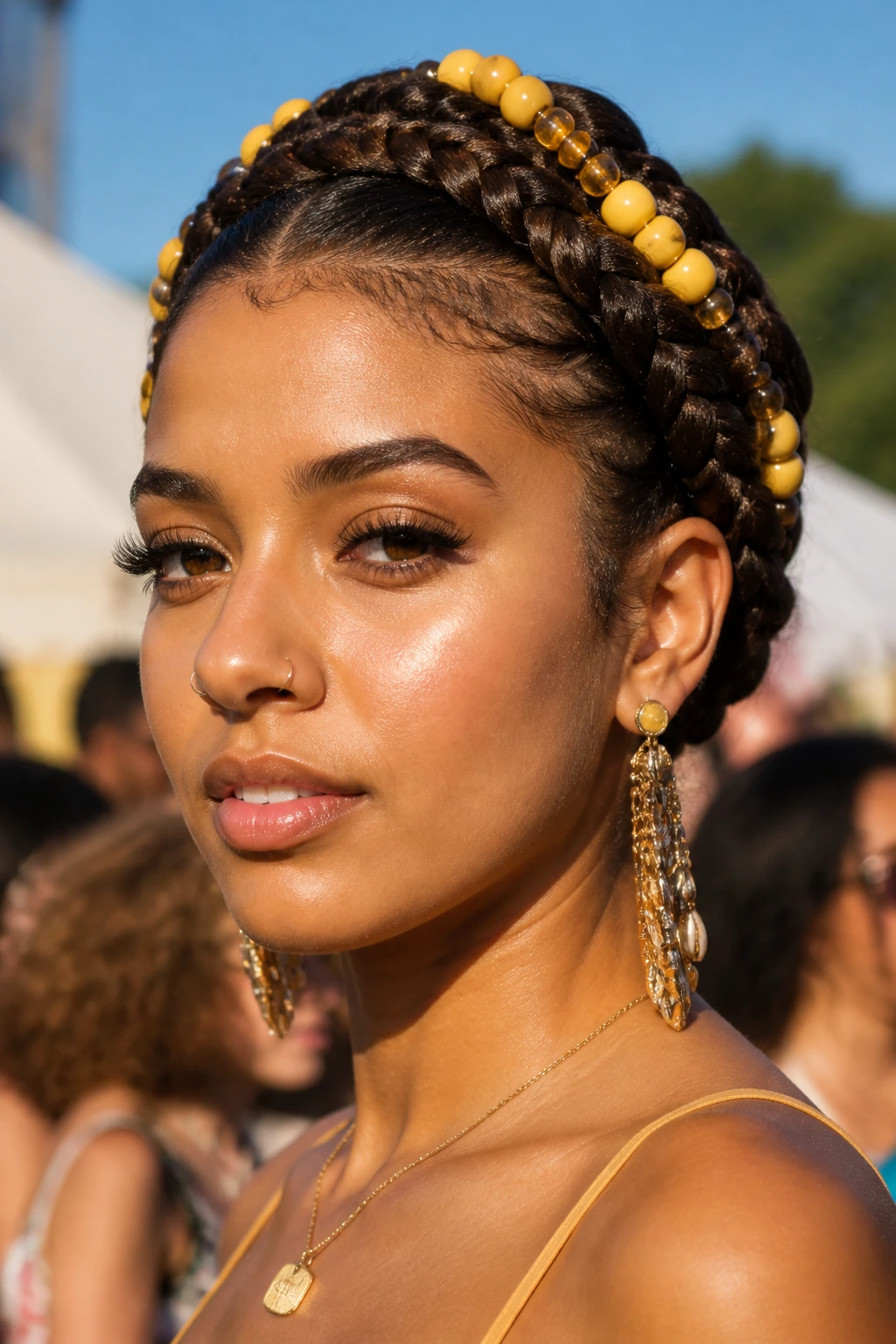 Close-up of a real woman with butter-yellow crown braids and yellow beads at the ends