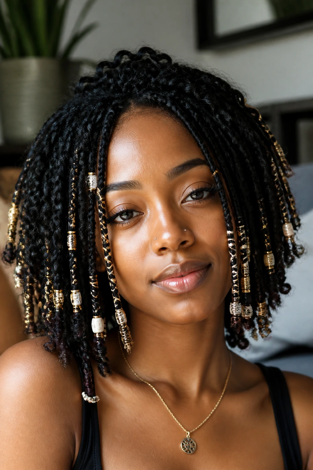 Close-up of a real person with beads woven into a shoulder-length bob.