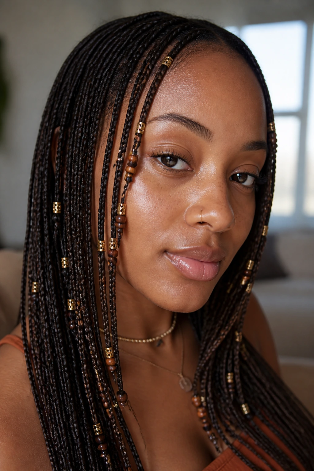 Real person with micro braids featuring gold and wooden bead accents