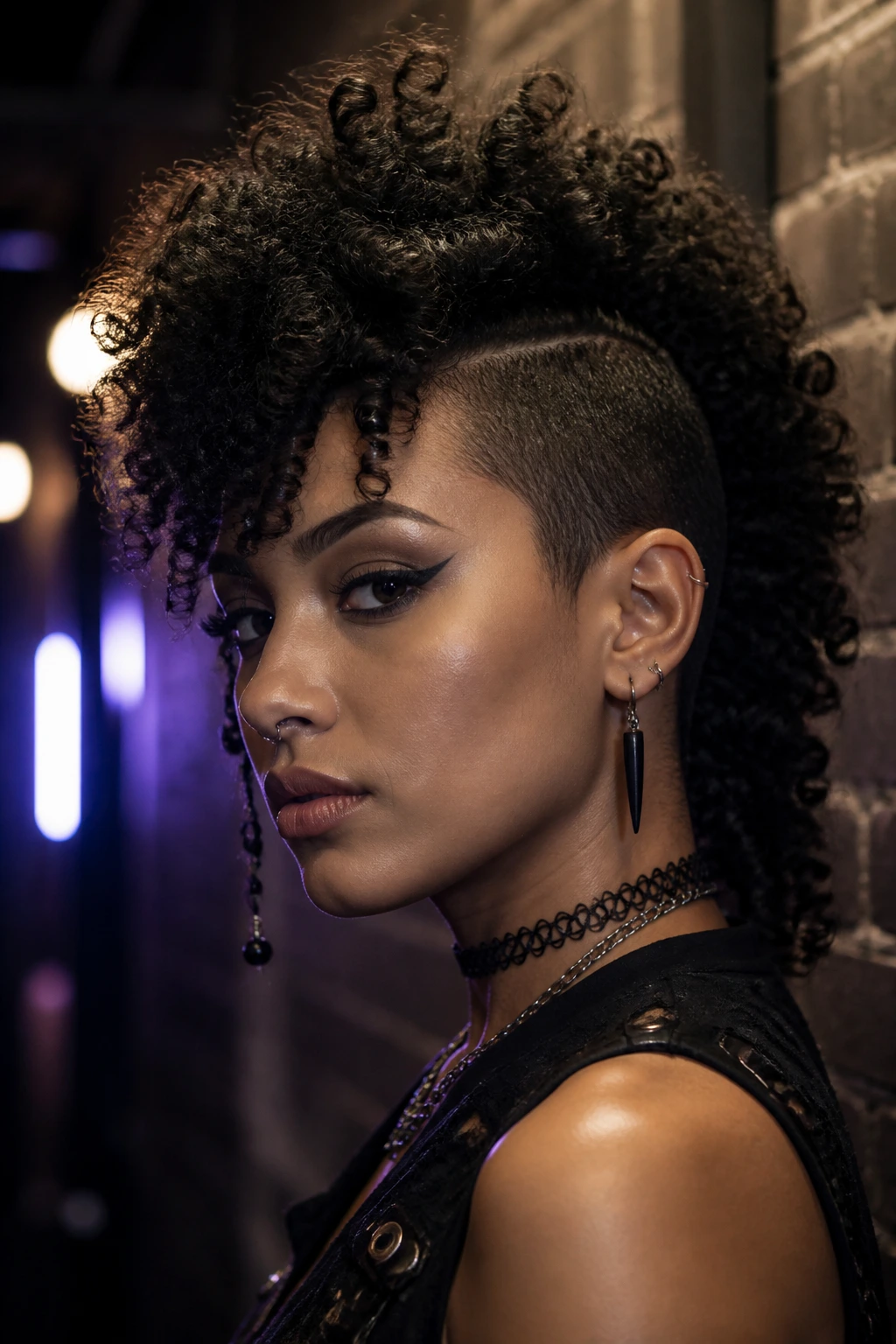 Close-up of a real person with a curly mohawk and beads at the ends of curls