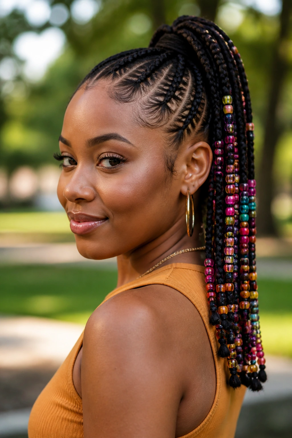 Close-up of beaded braided ponytail on a real person in a park