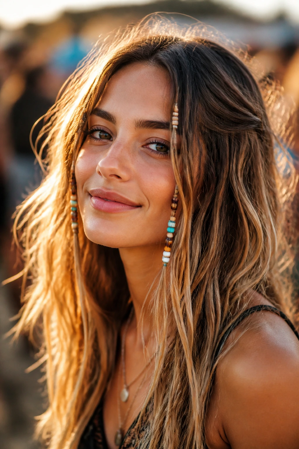 Close-up of a real woman with beachy waves and beads in hair at a festival