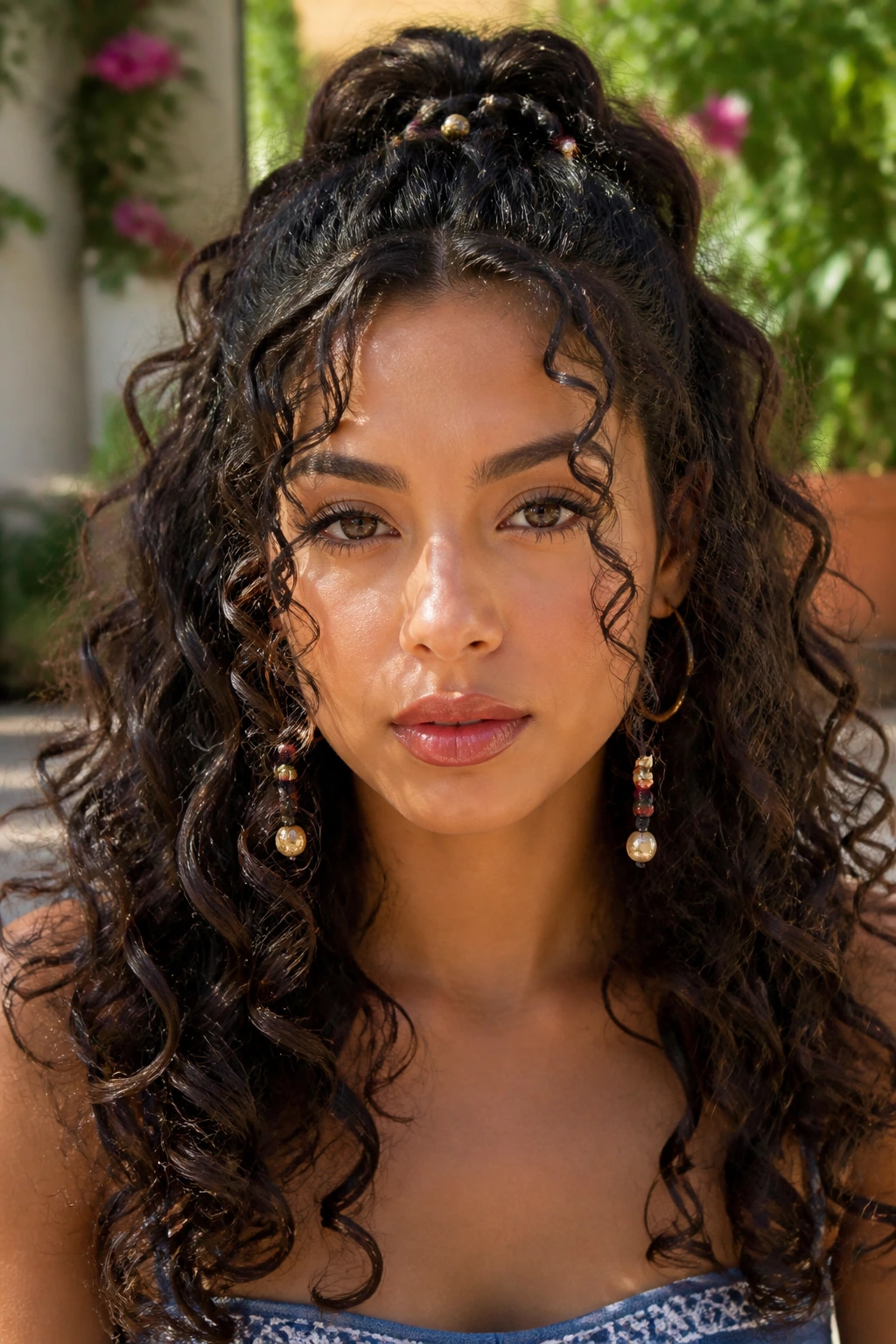 Close-up of a real woman with beads woven into a half-up hairstyle on curls