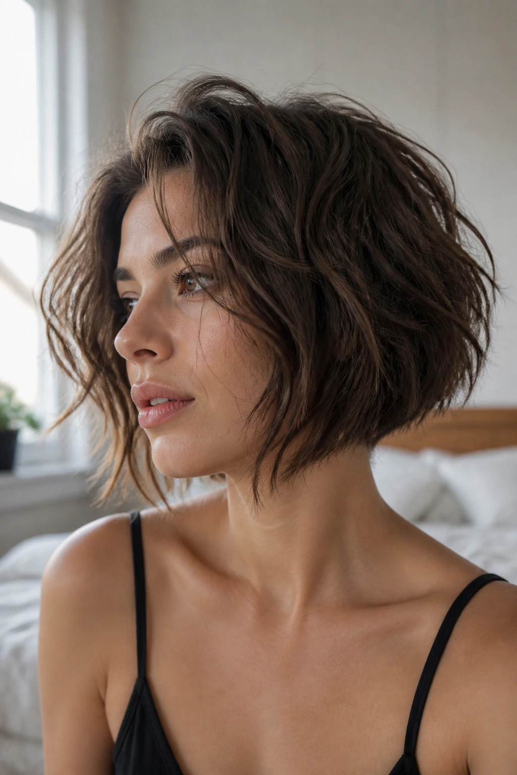 Close-up of person with bedhead textured angled bob in natural light
