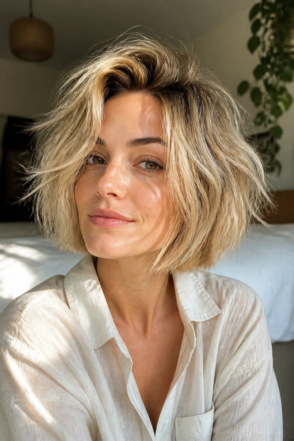 Close-up of a real woman with a messy bedhead blonde bob and textured lowlights.