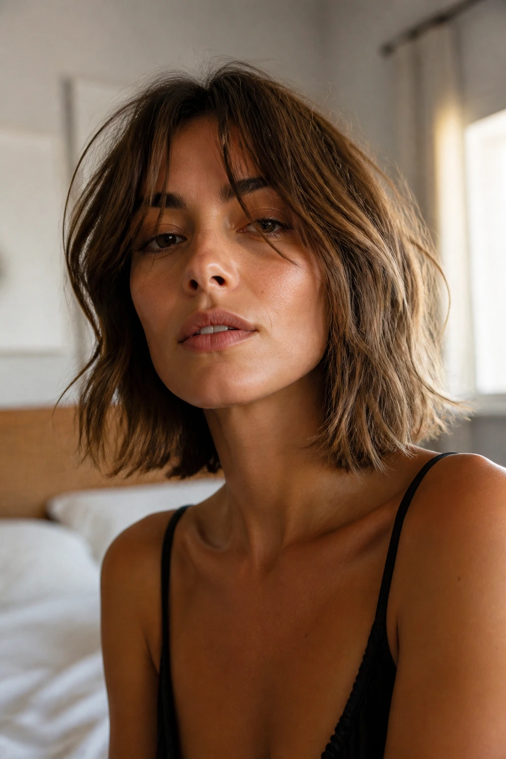 Portrait of a woman with a French girl bedhead bob in a softly lit bedroom