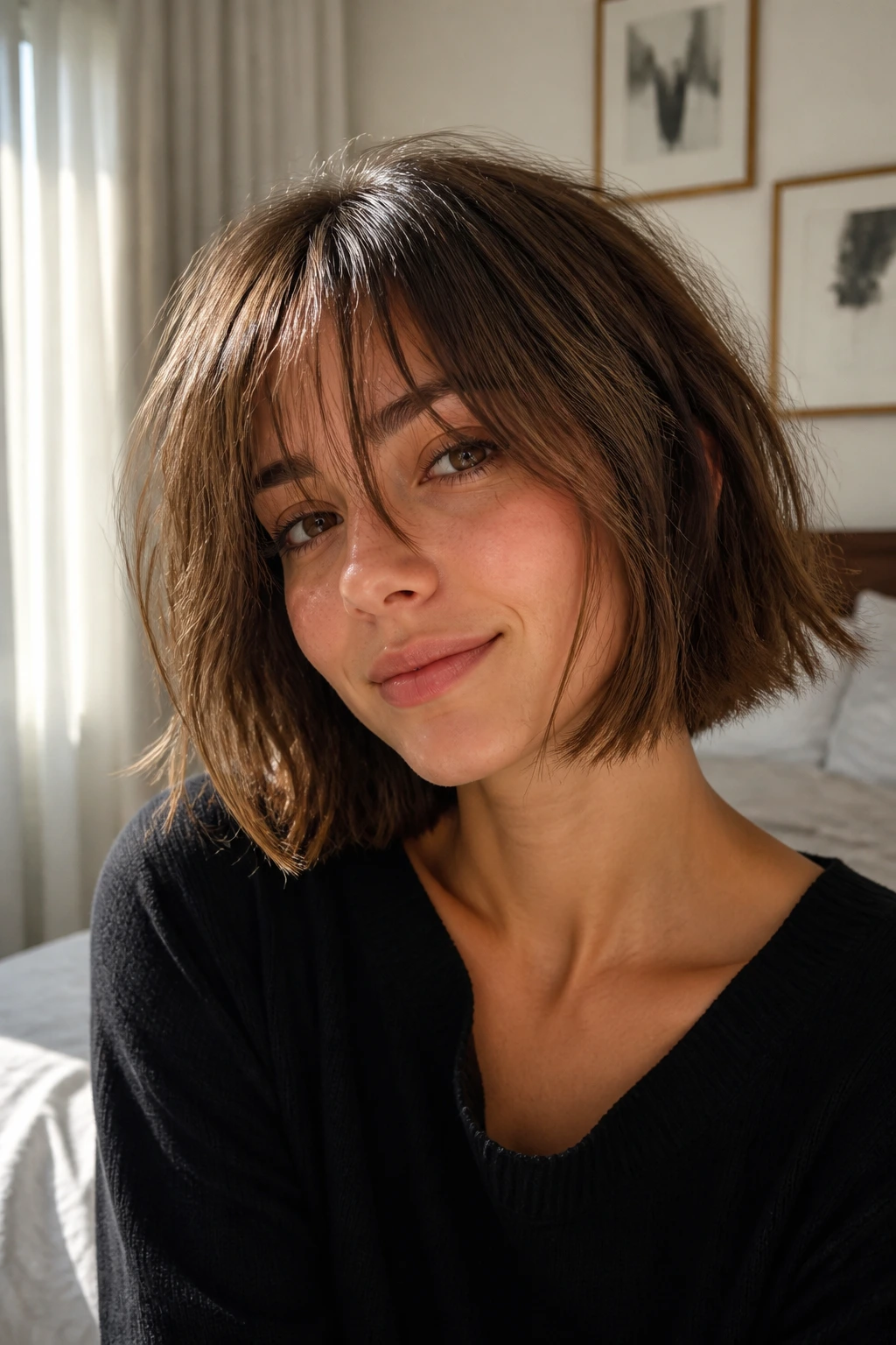 Close-up of a real person with a minimalist bedhead bob featuring uniform length, light texture at the ends and long piecey bangs.