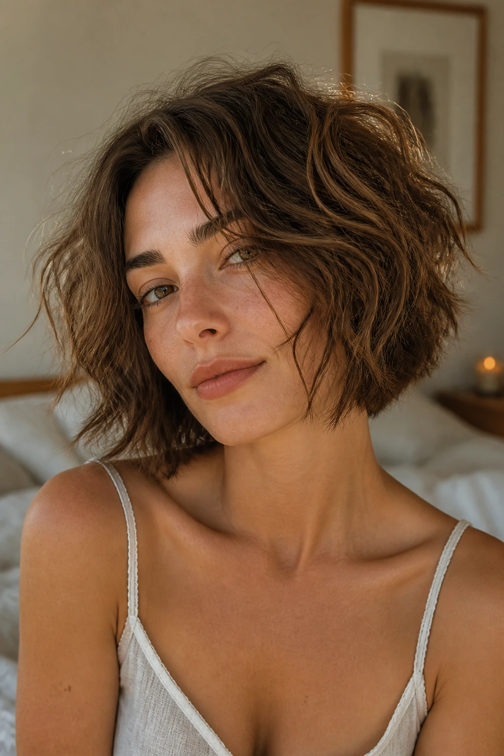 Close-up of a person with tousled bedhead bob and natural waves