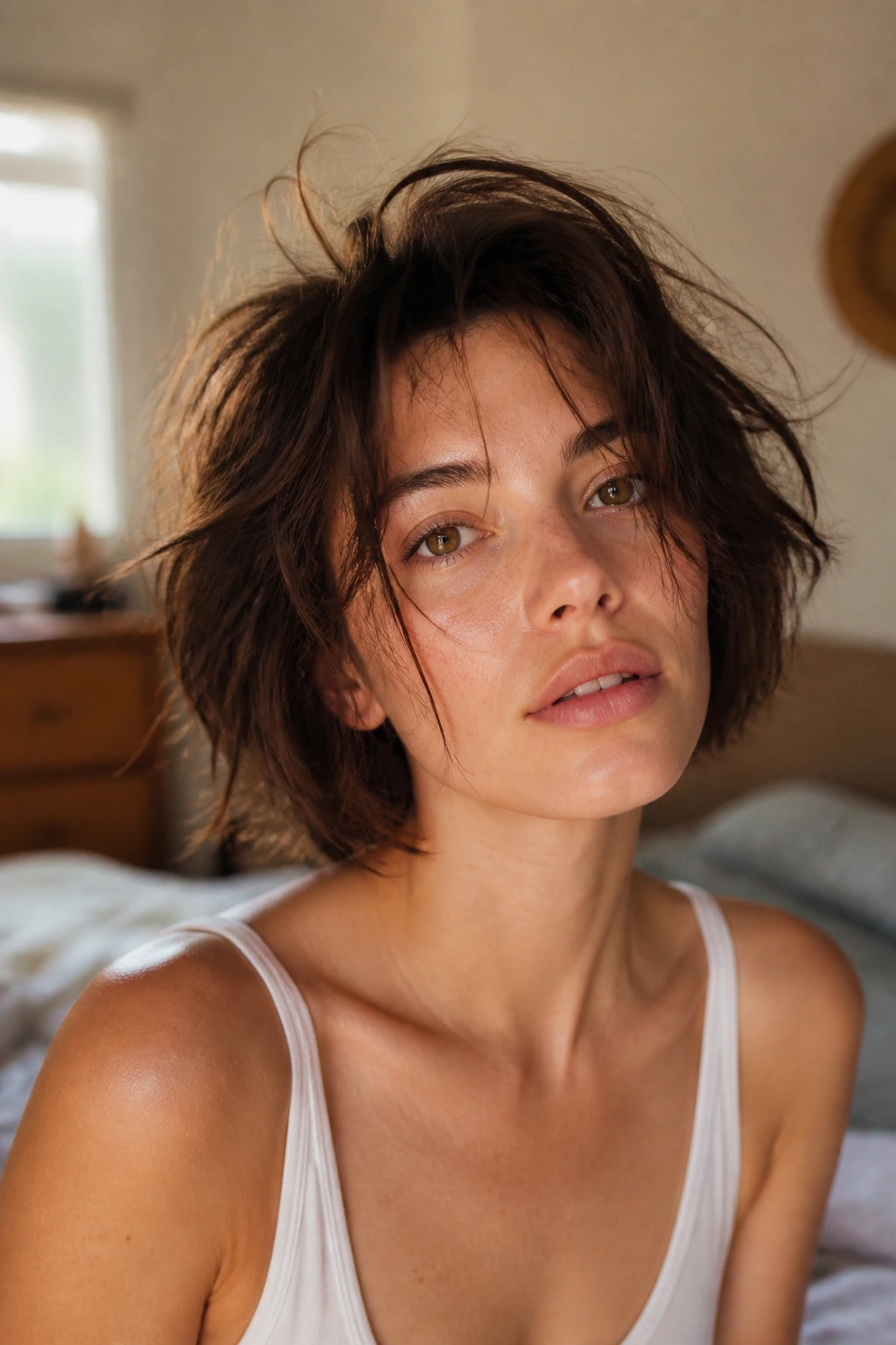 Portrait of a person with a bedhead tousled bob.