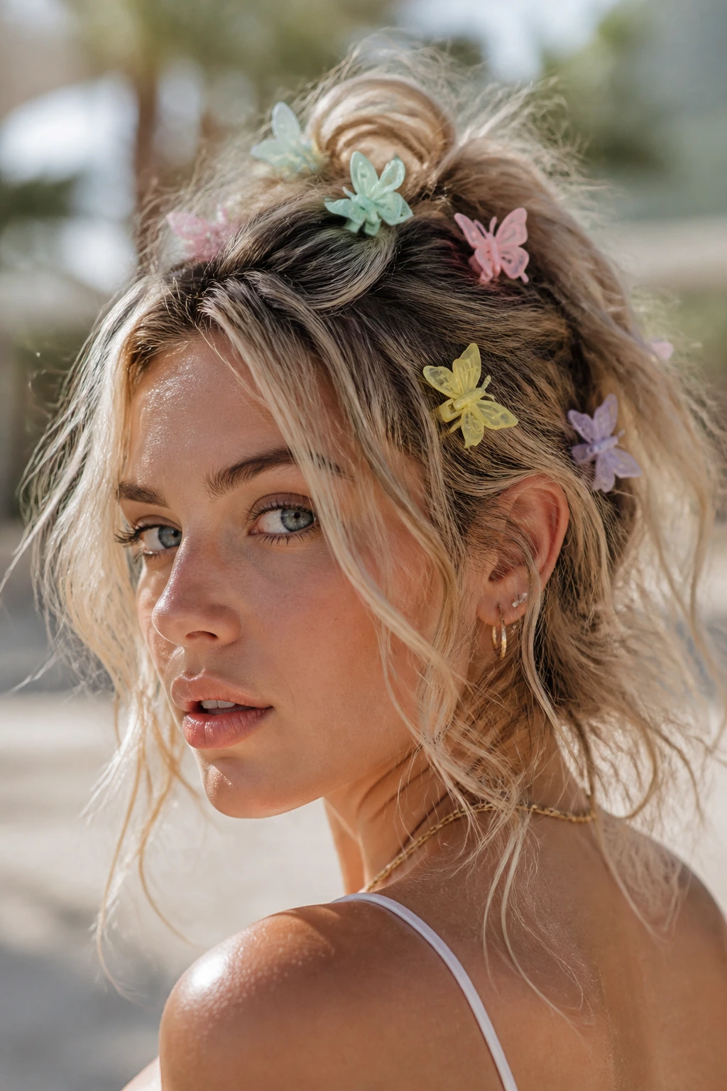 Portrait of a real person with pastel butterfly clips in tousled bedhead