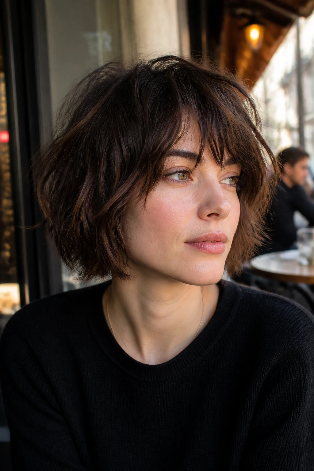 Close-up portrait of a real person with bedhead choppy bob.