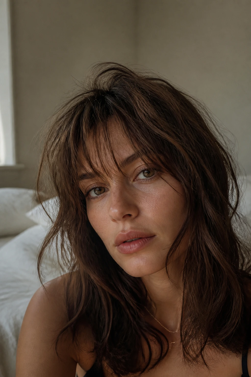 Portrait of a woman with tousled bedhead fringe.