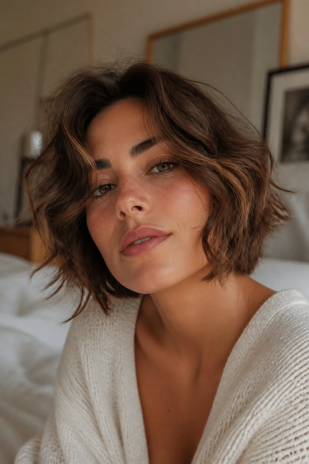 Close-up of a real woman with bedhead inverted bob in a cozy morning light