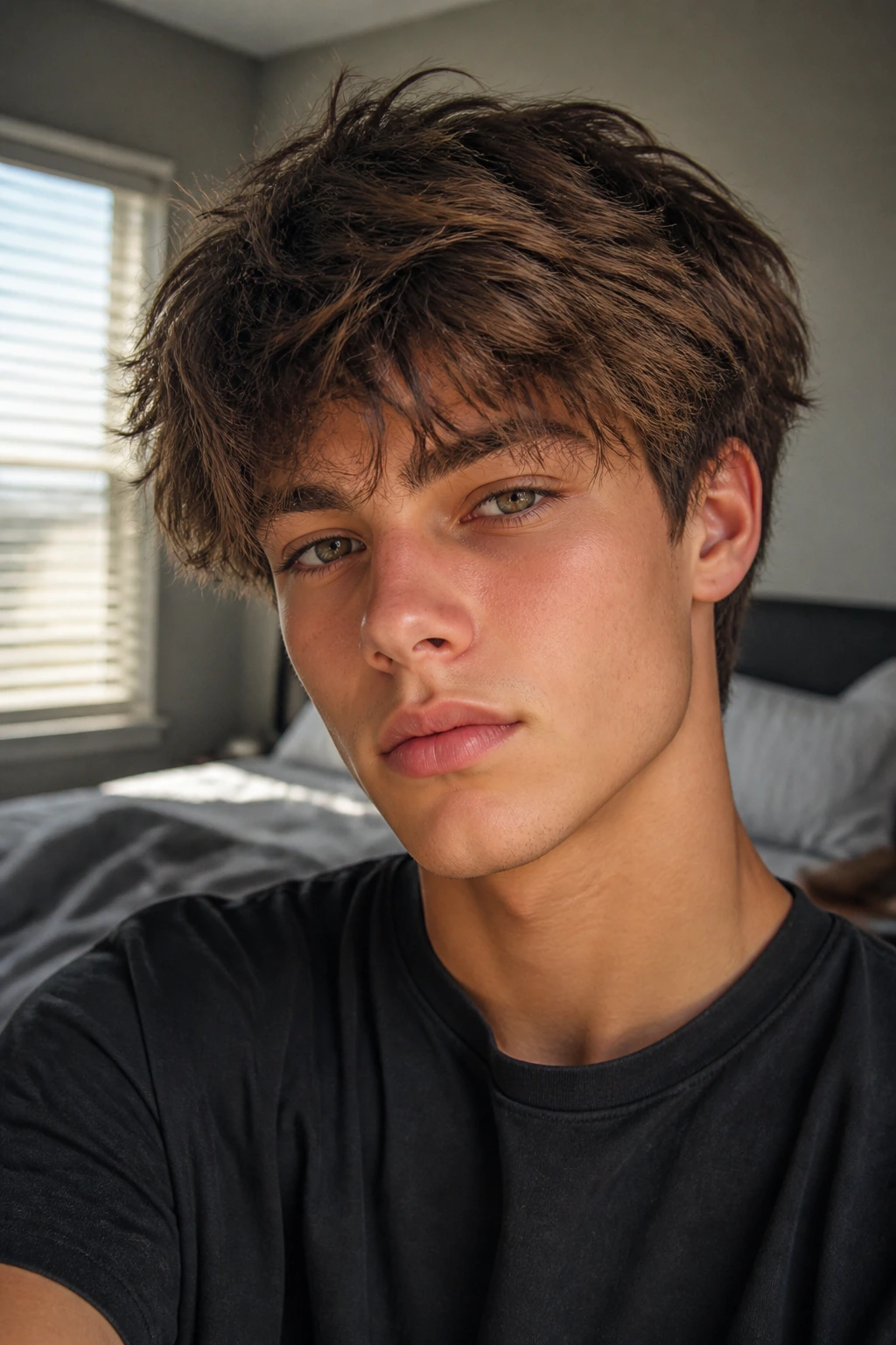 Teen boy with messy bedhead and layered hair in bedroom
