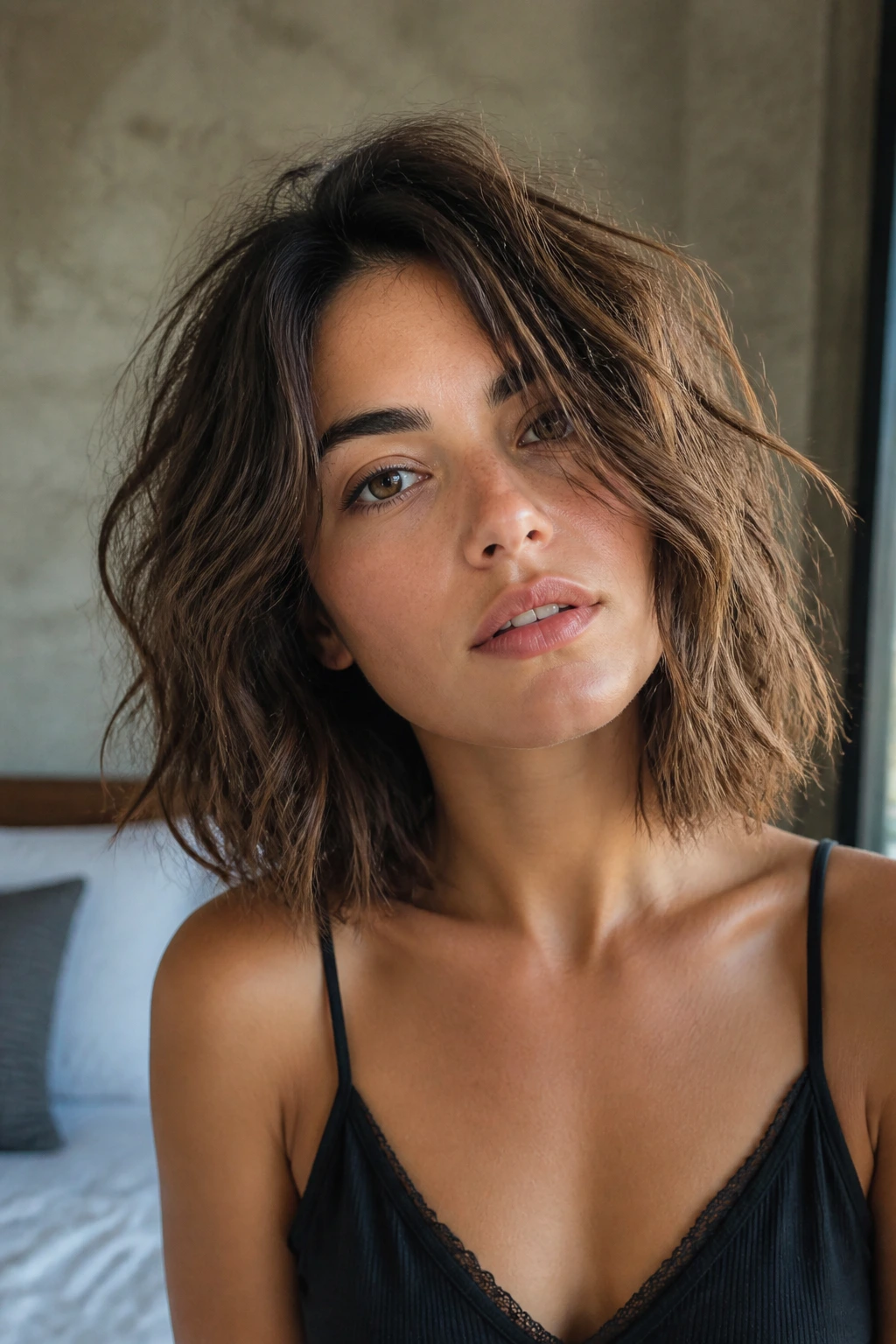 Close-up portrait of a real woman with messy bedhead texture