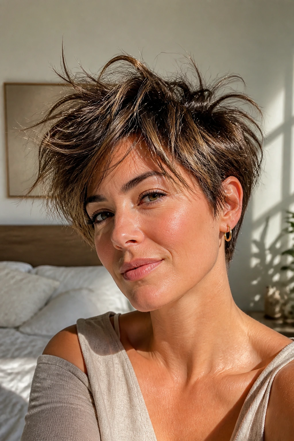 Close-up of a real woman with a bedhead pixie-bob hairstyle in a sunlit bedroom.
