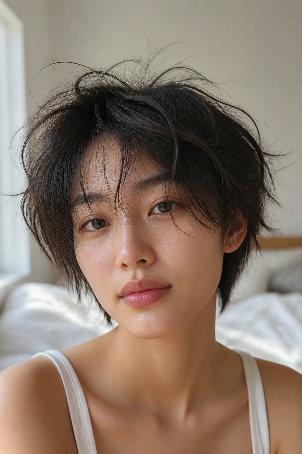 Close-up of a real person with bedhead, extreme layering fairy cut