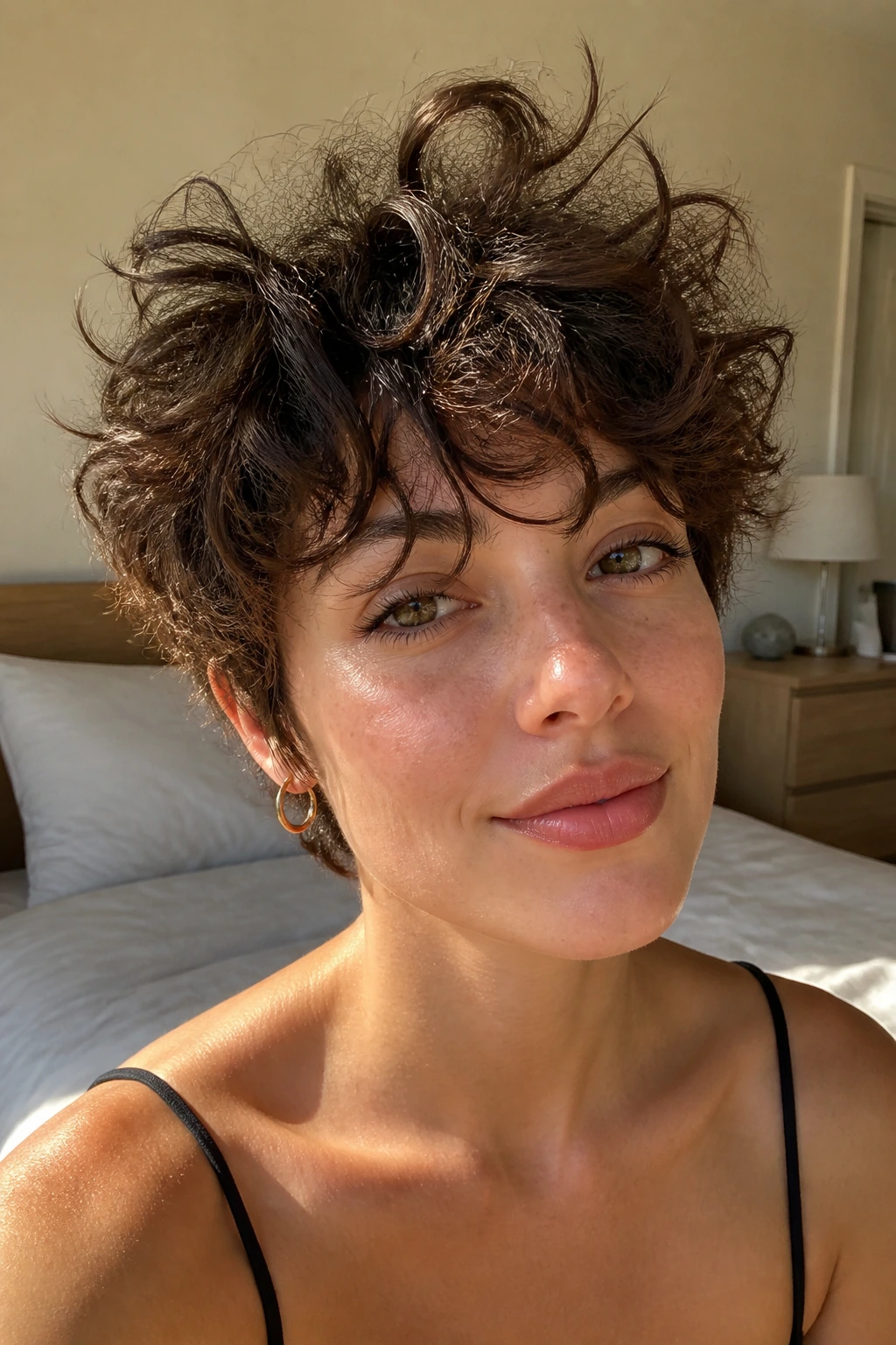 Close-up of a real woman with bedhead pixie hairstyle.