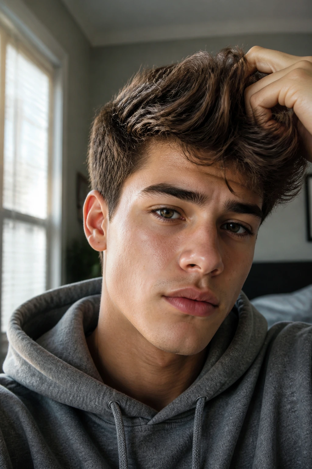 Close-up portrait of a real person with a relaxed bedhead quiff in morning light