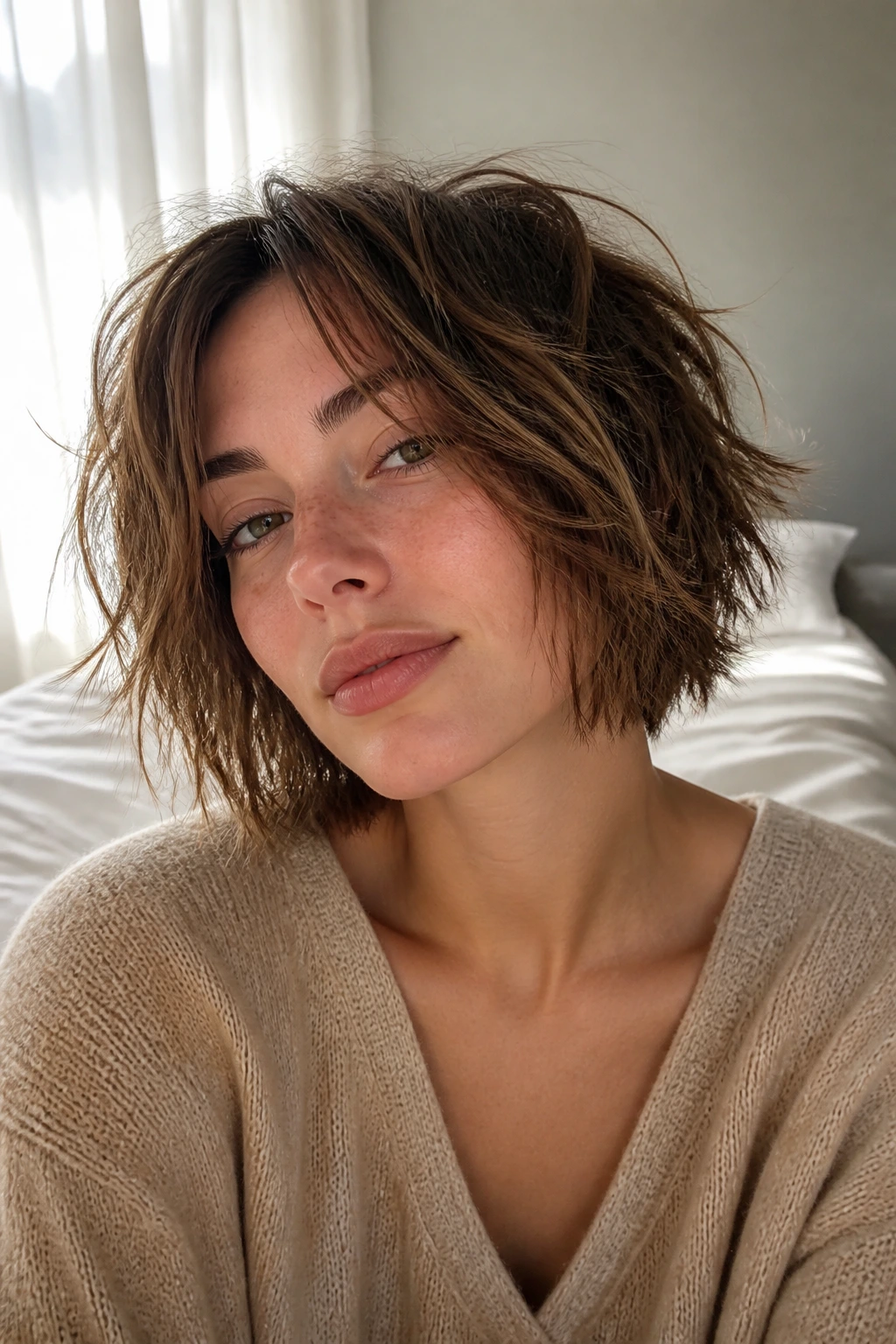 Close-up of a person with bedhead razored bob in a bedroom
