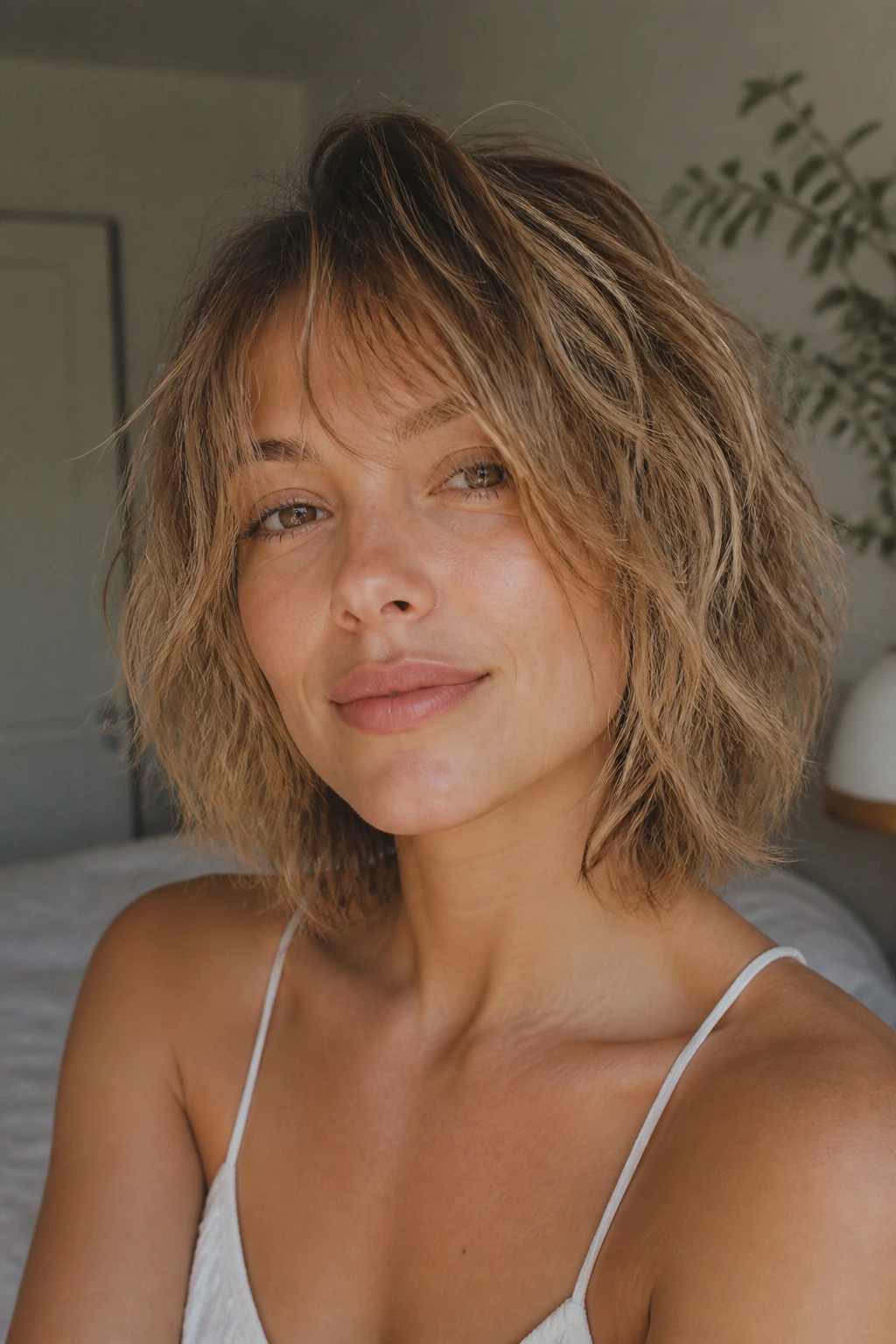Close-up of a woman with bedhead shag texture in soft morning light