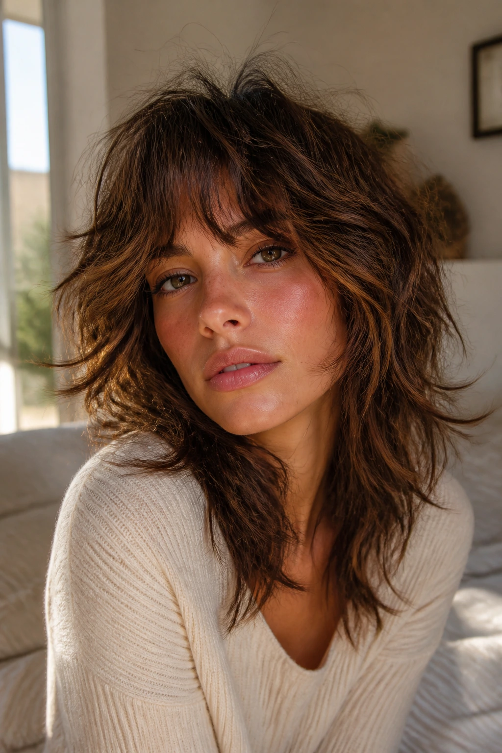 Close-up of a real woman with a bedhead shag hairstyle
