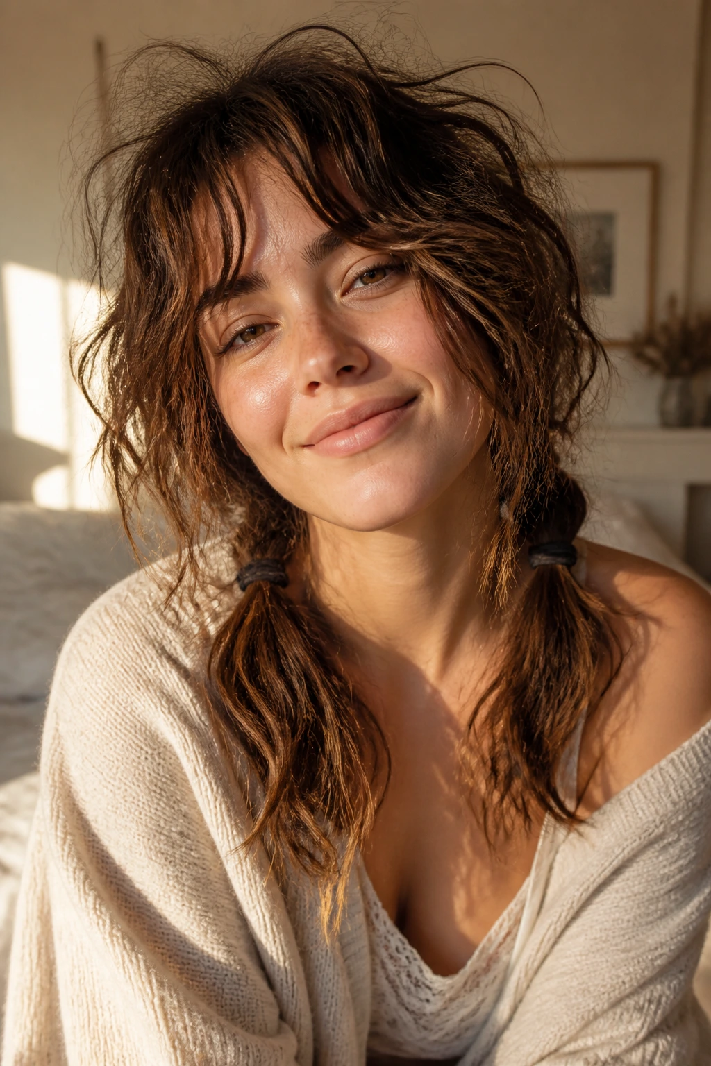 Close-up of a real woman with bedhead tousled shag pigtails in soft morning light.
