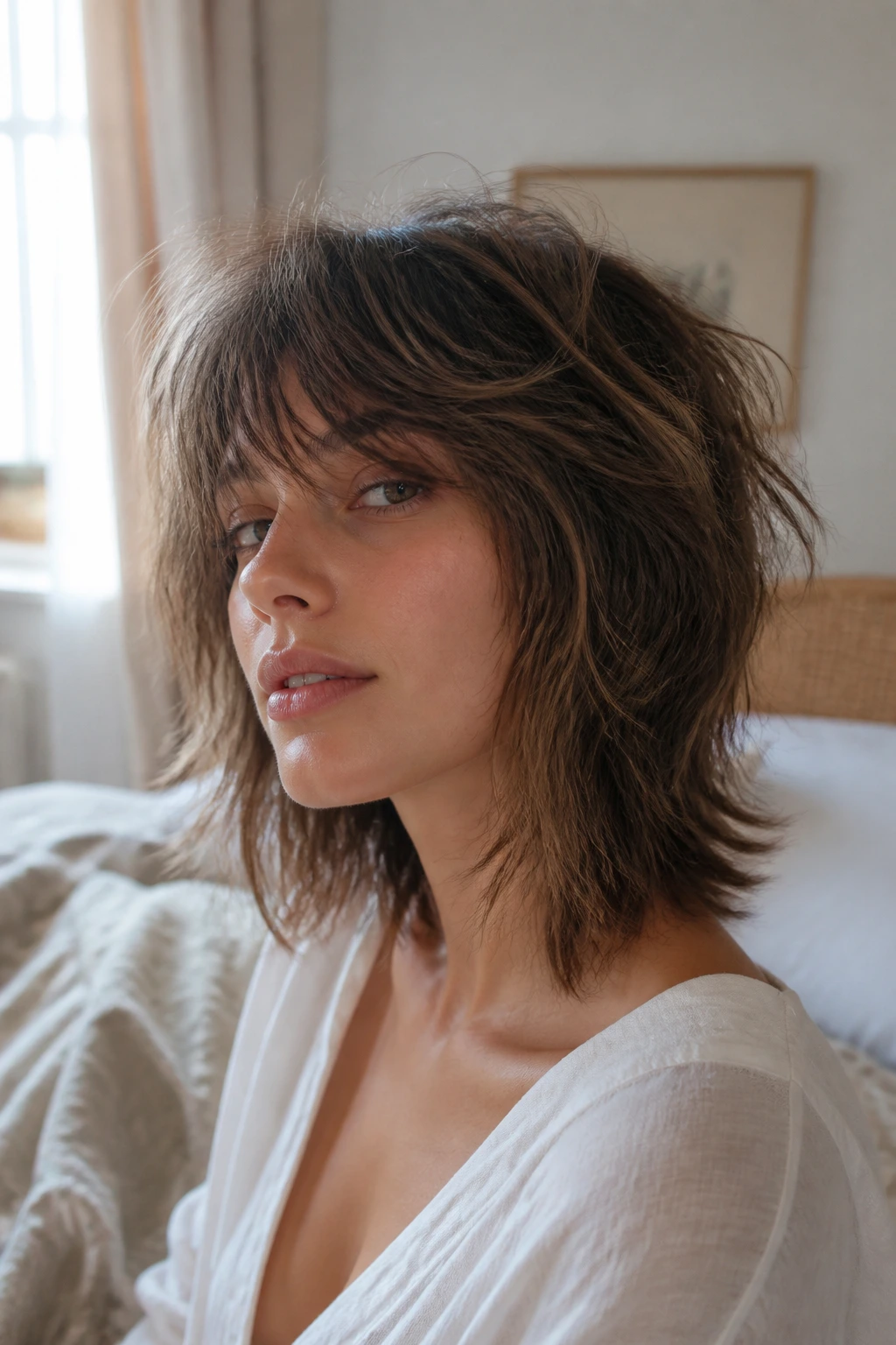 Close-up portrait of a real person with bedhead shag texture in a cozy bedroom