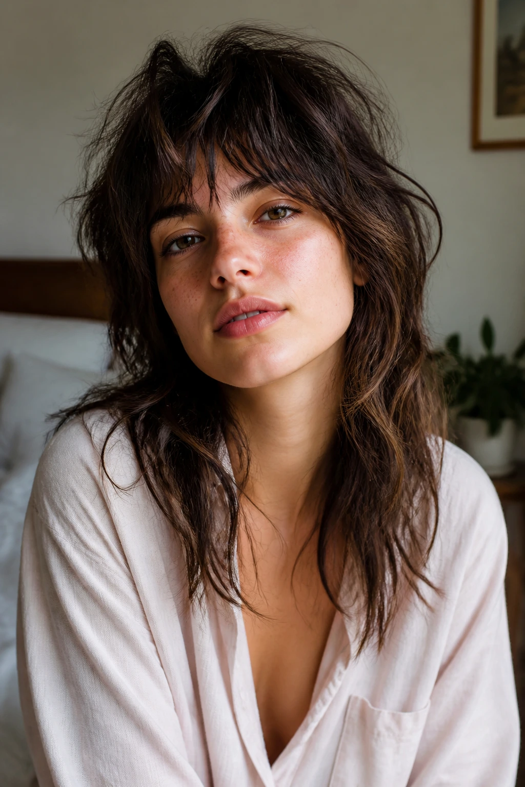 Close-up of a real woman with a shaken-out bedhead shag hairstyle
