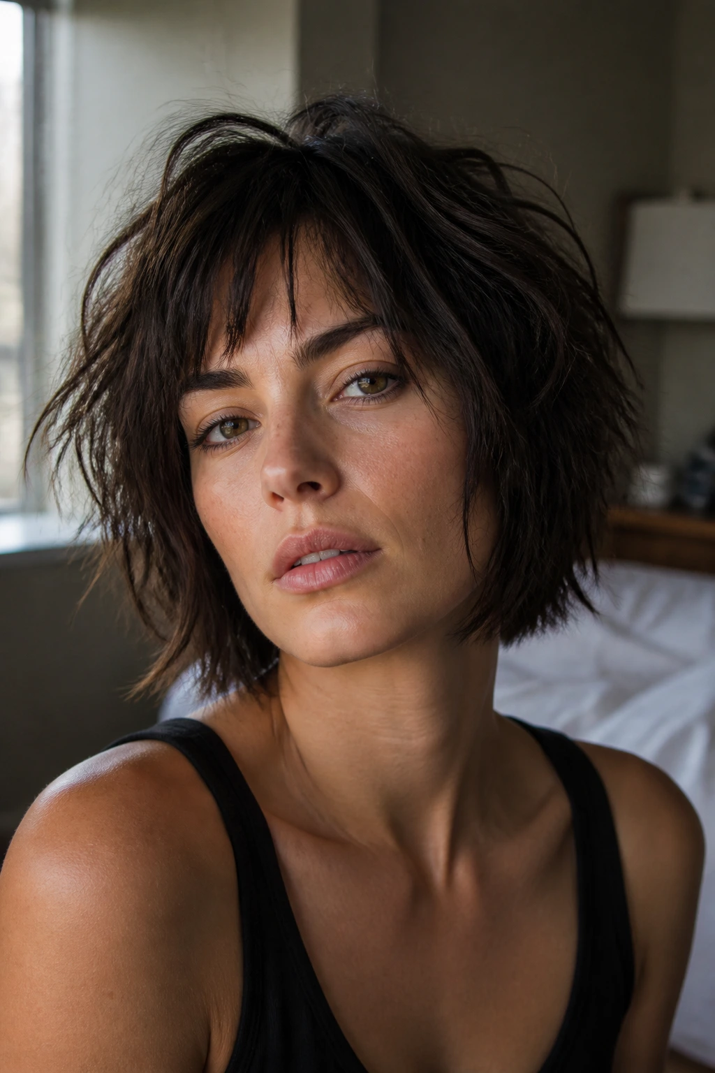 Close-up of a real person with a bedhead textured bob, jagged layers and matte finish