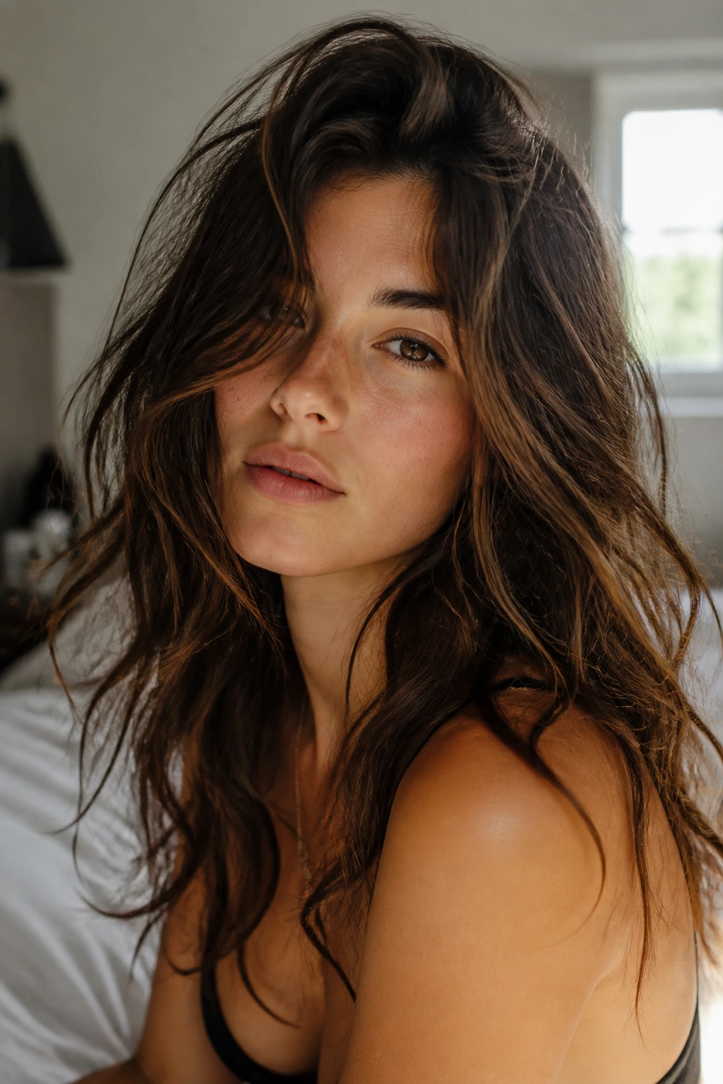 Real person with tousled bedhead texture.