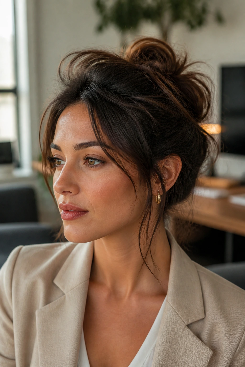 Close-up of a real woman wearing a textured bedhead updo in an office setting