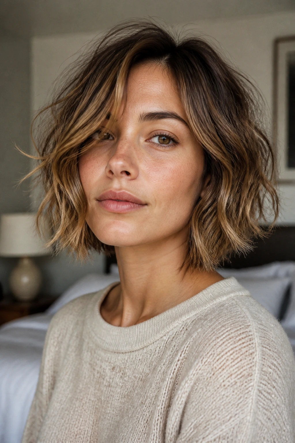Portrait of a real woman with bedhead waves bob.