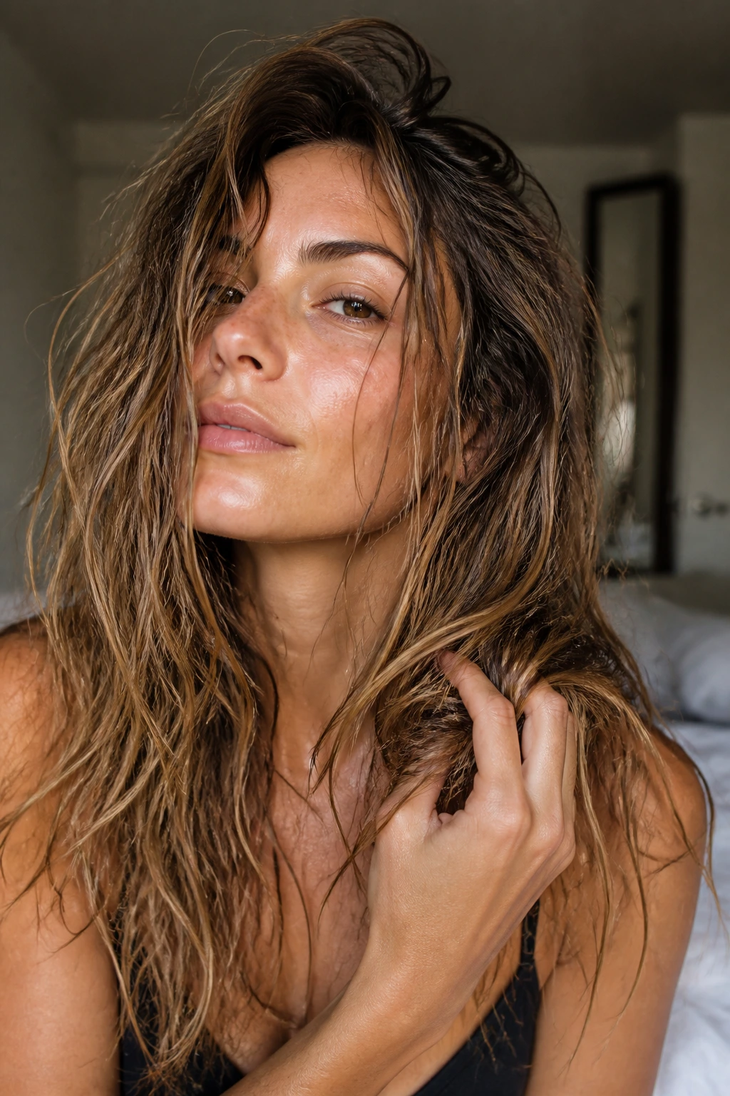 Close-up of a real woman with bedhead waves and sea salt texture.