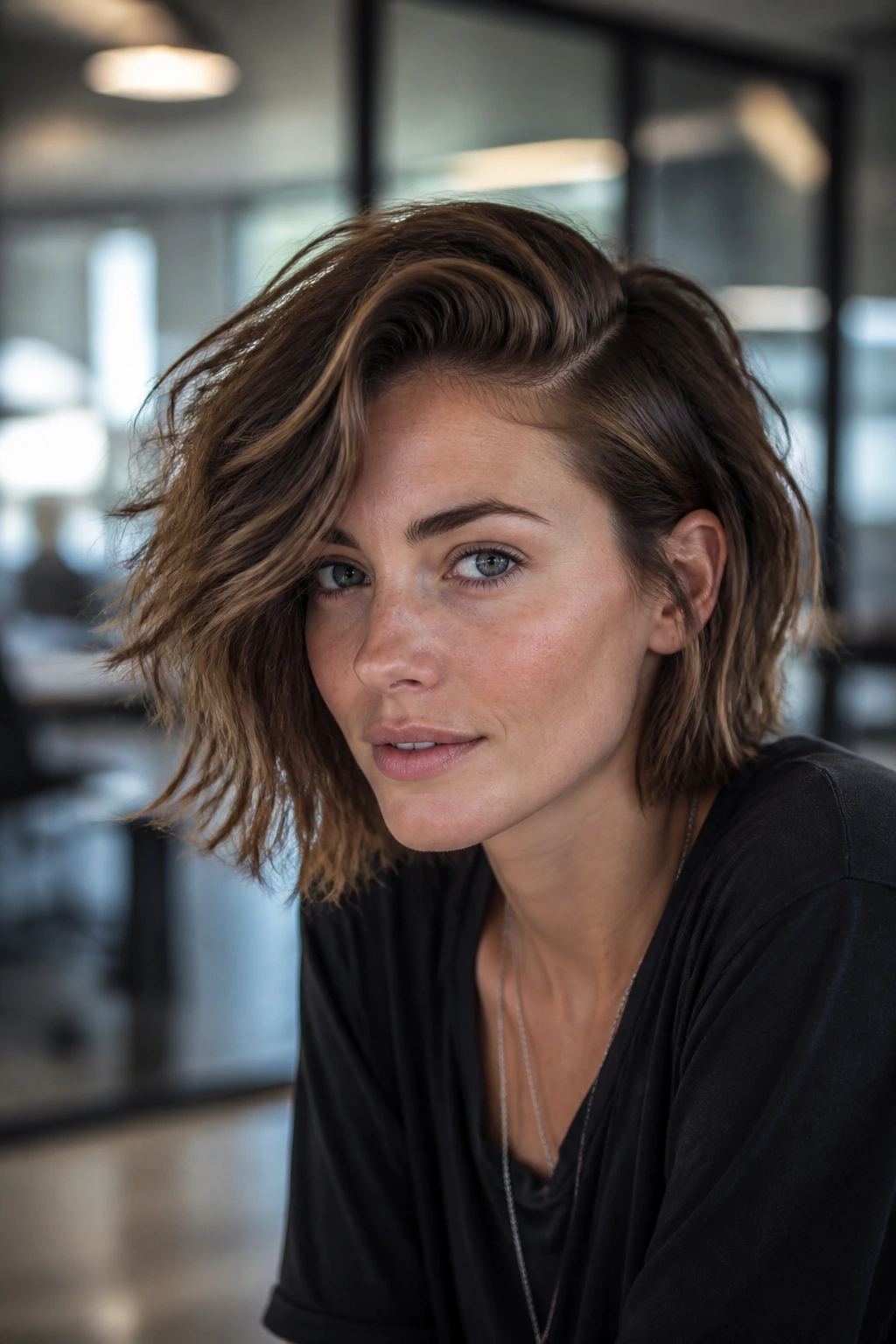 Close-up of bedhead waves with a deep side part on a real person in an office setting.