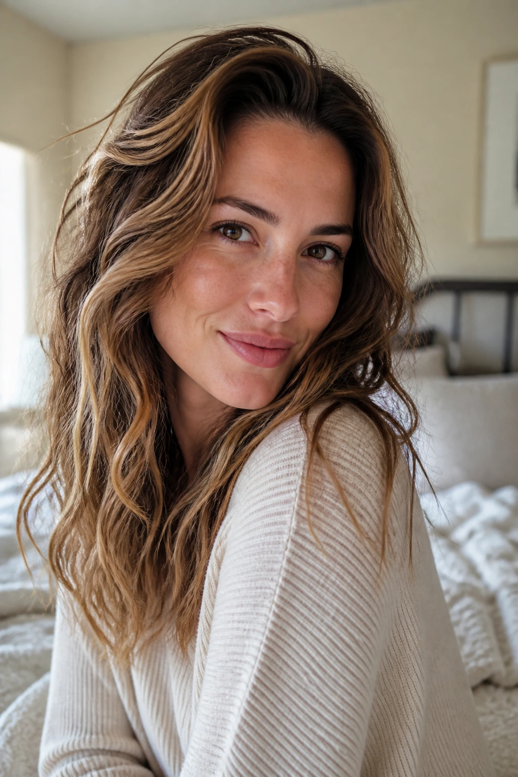 Close-up of a real person with refined bedhead waves in morning light