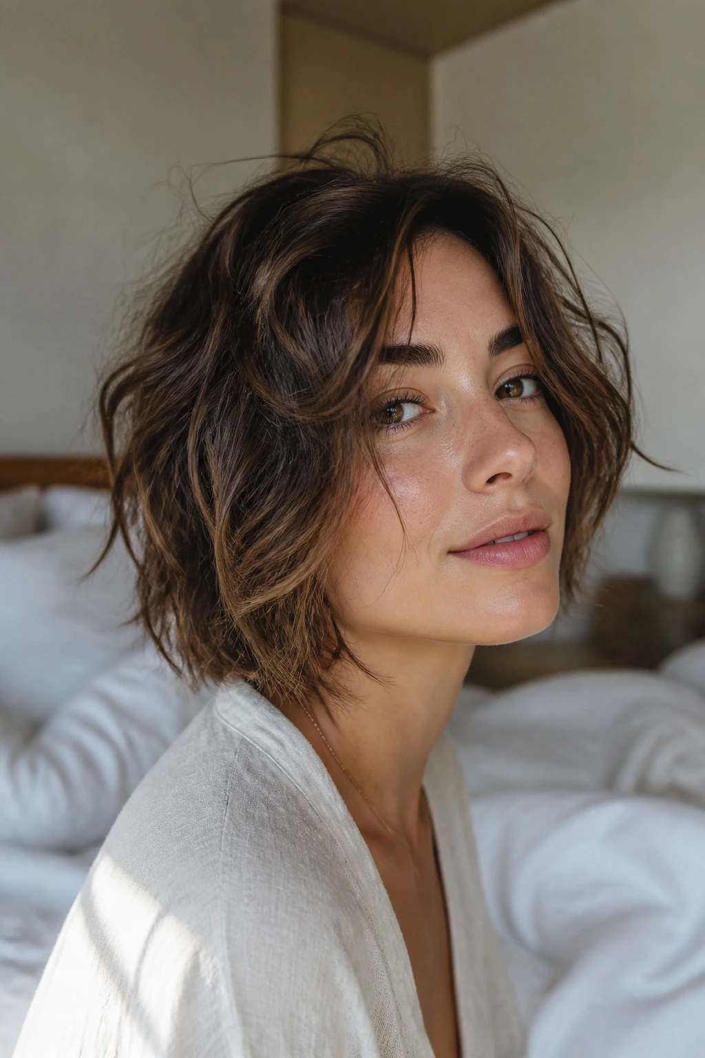 Close-up of a real woman with bedhead wavy bob in a cozy morning bedroom.
