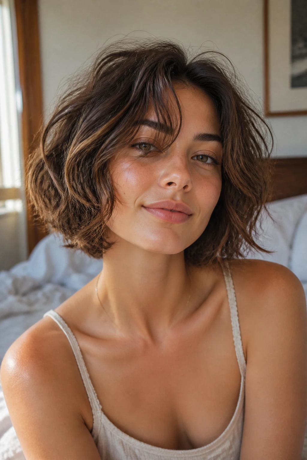 Real woman with chin-length bedhead wavy bob in soft morning light.