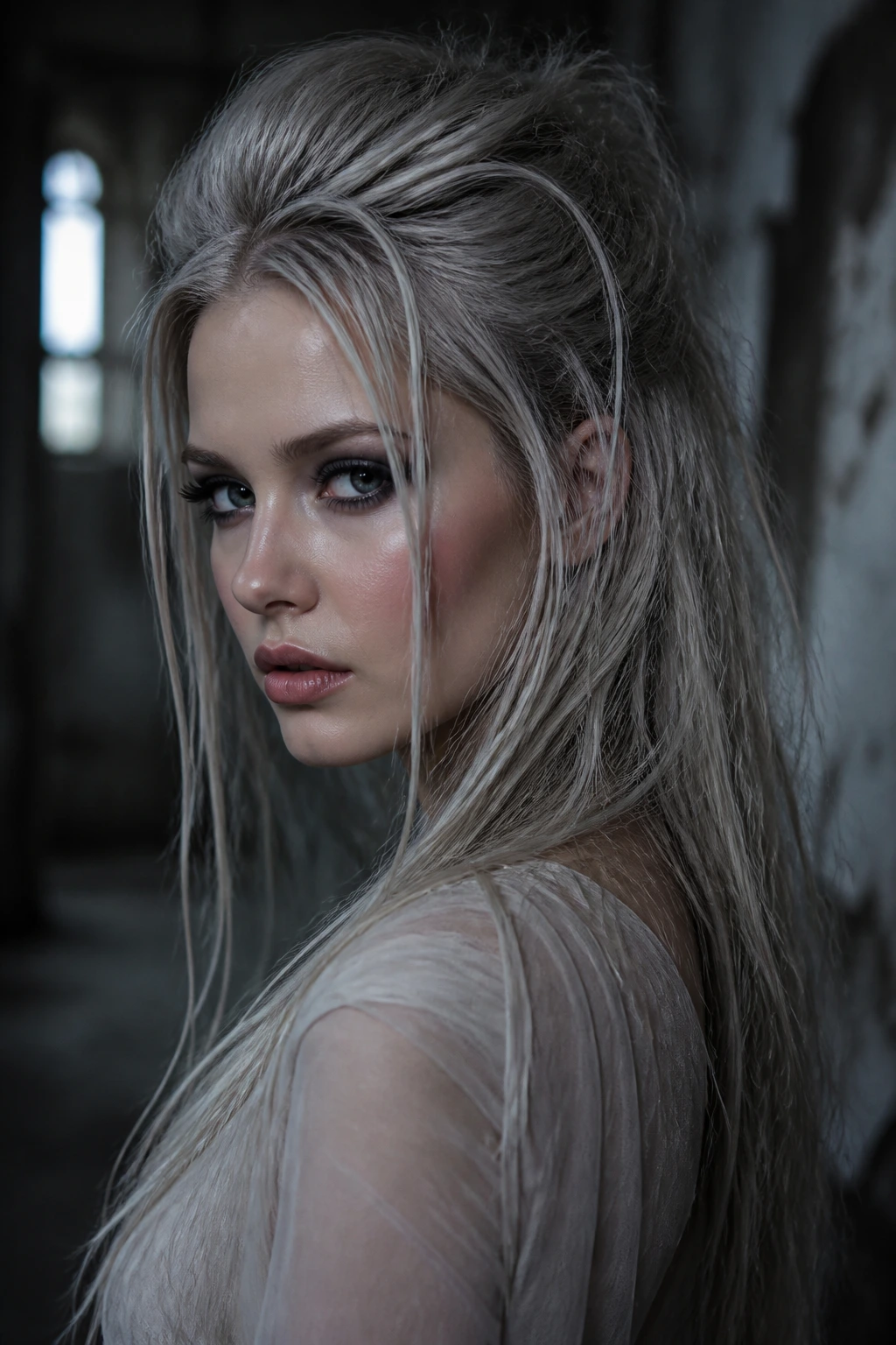 Close-up of a woman with chaotic, stormy bedhead and face-framing strands