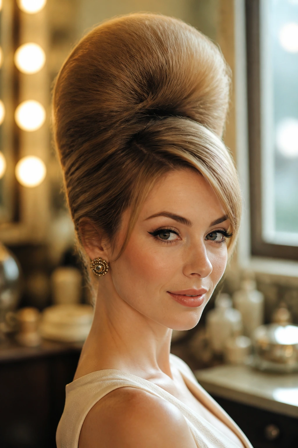 Close-up portrait of a real woman with a towering beehive in a retro setting