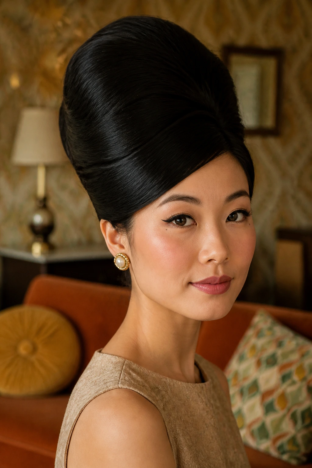 Real woman with a towering beehive bun, mid-century style.