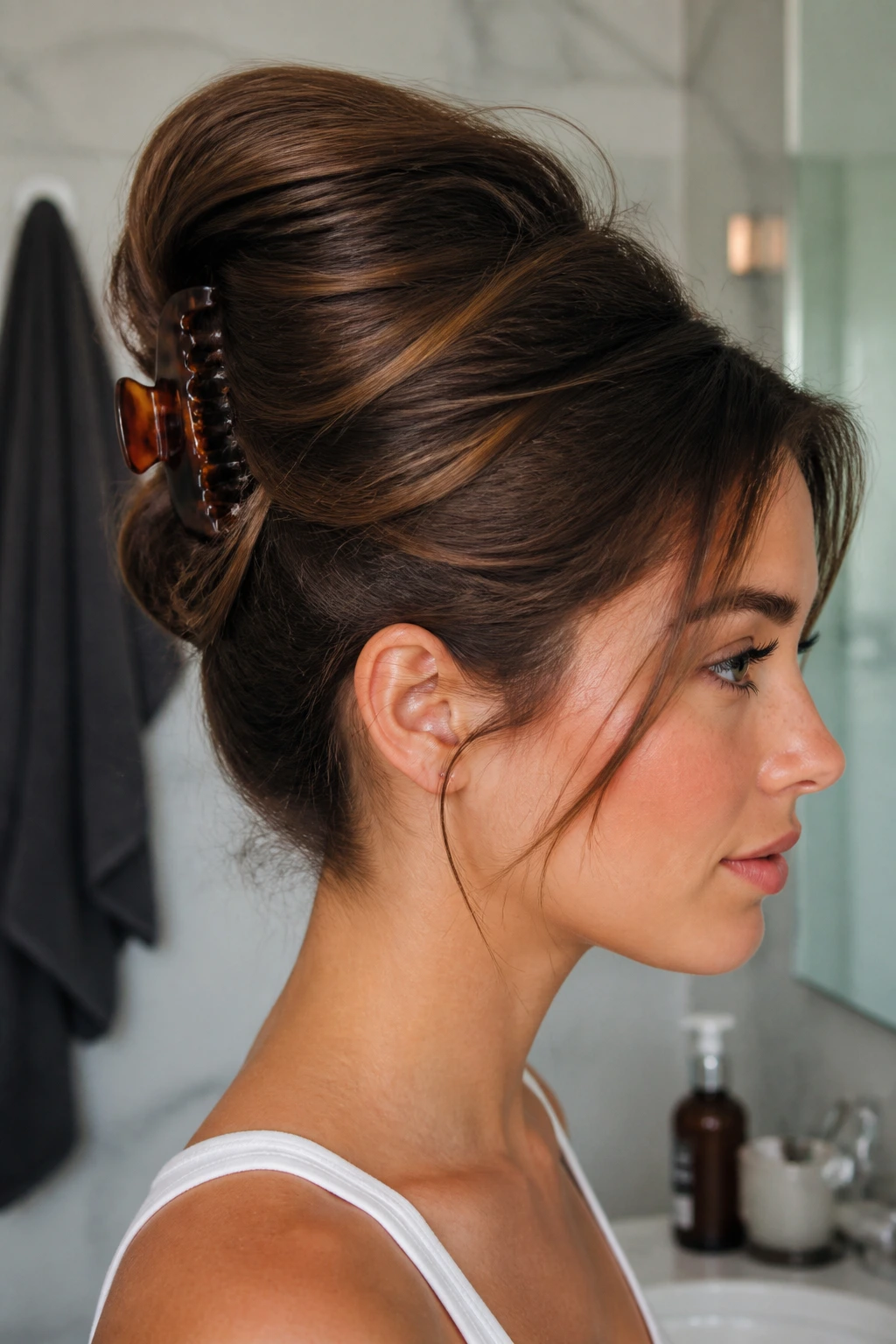 Close-up portrait of a real woman with a beehive puff secured by a claw clip under the crown