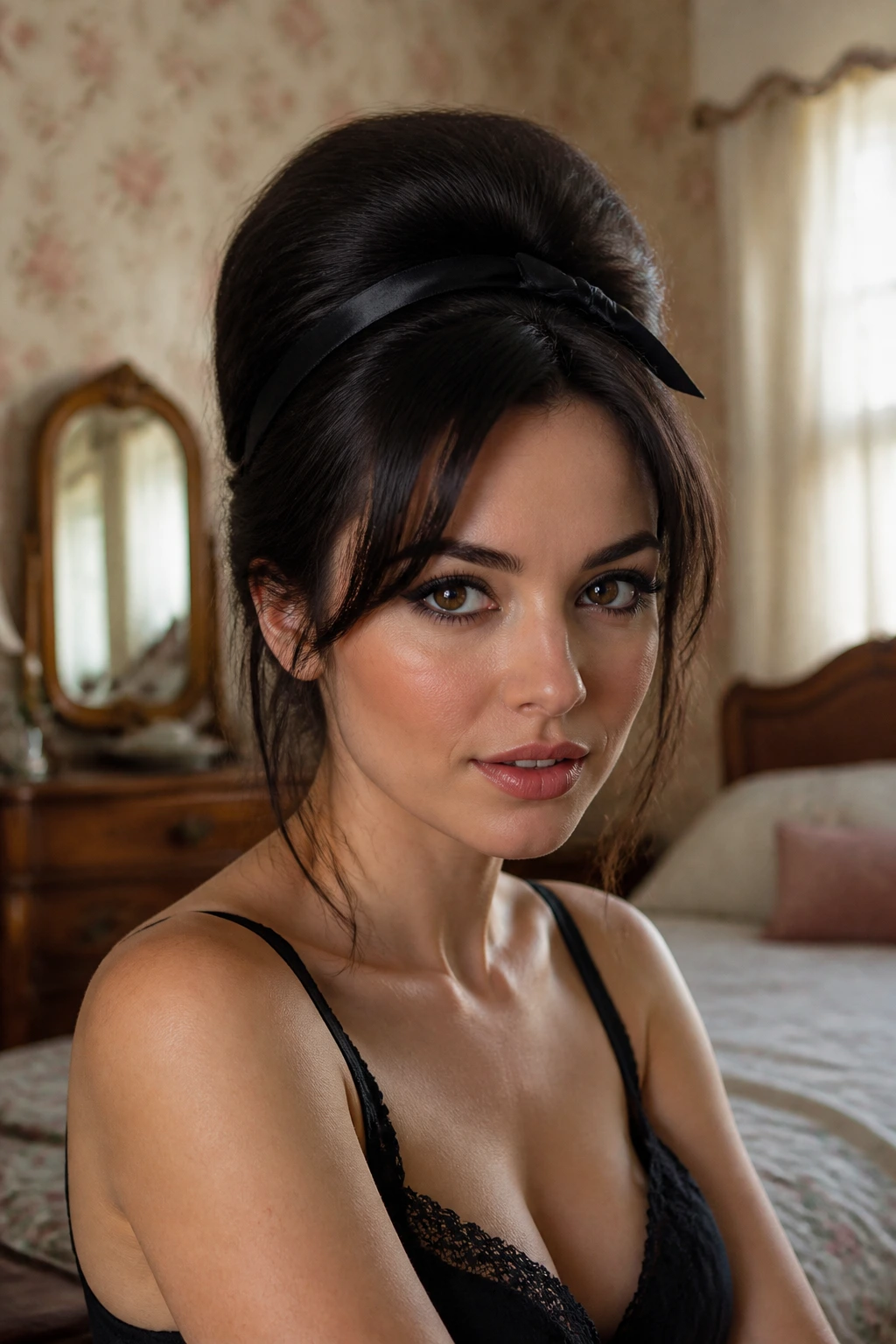 Close-up of a woman with a subtle retro beehive and ribbon in a vintage-lit room