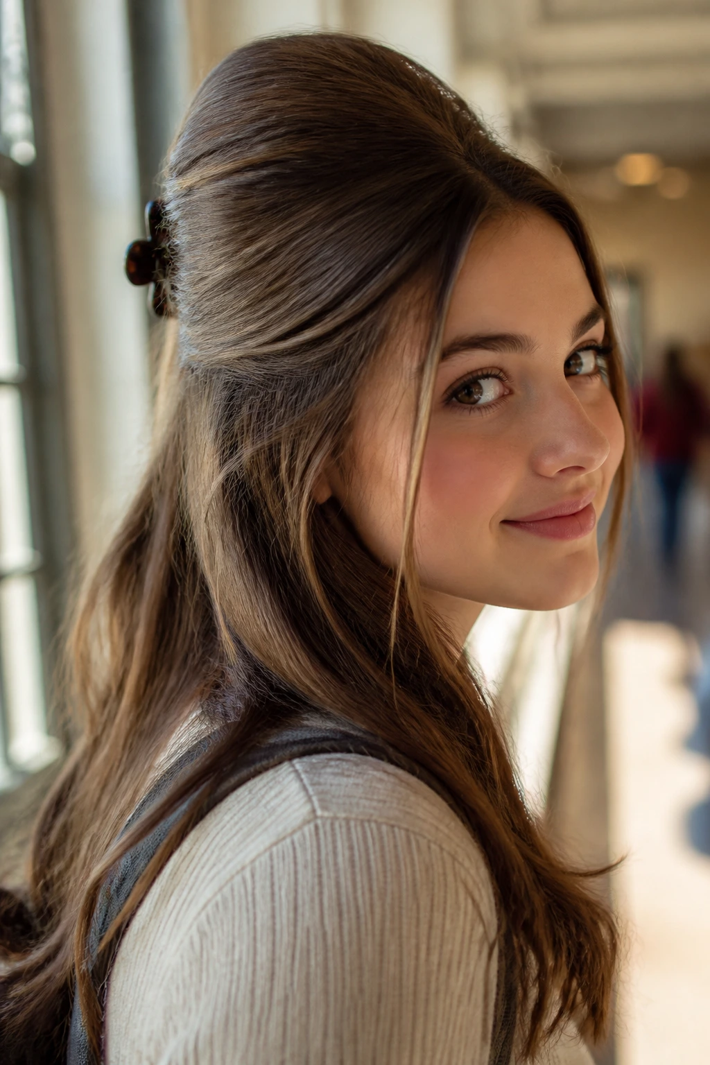 Close-up of a real student with a beehive half-up hairstyle in a sunlit school hallway