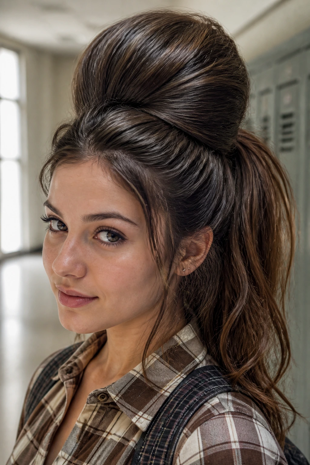 Close-up of a real student with a beehive high pony hairstyle in a school hallway
