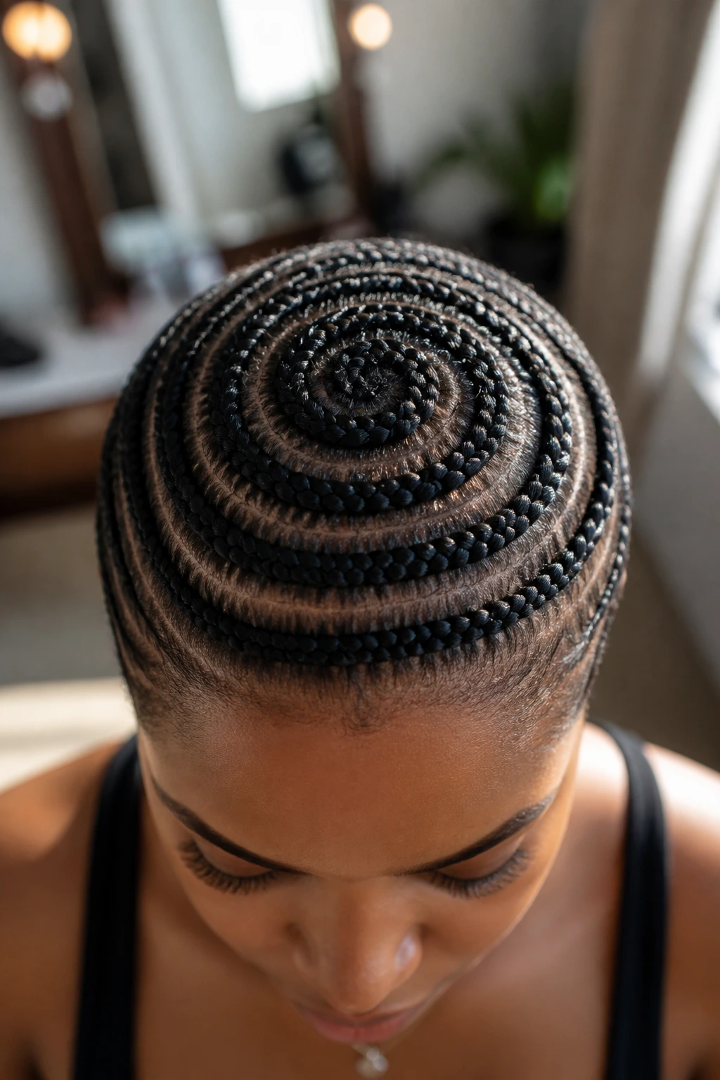 Real woman with beehive spiral braids around the crown