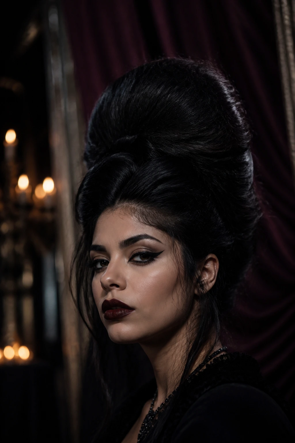 Latina woman with a towering beehive hairstyle in a moody backstage setting