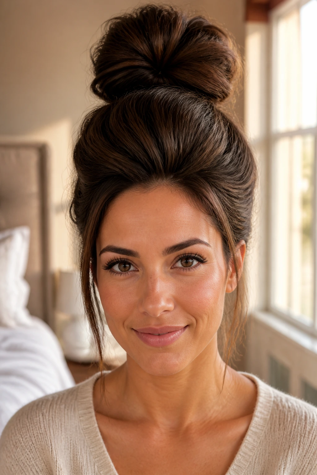 Close-up of a woman with a two-tier beehive hairstyle in a sunlit bedroom