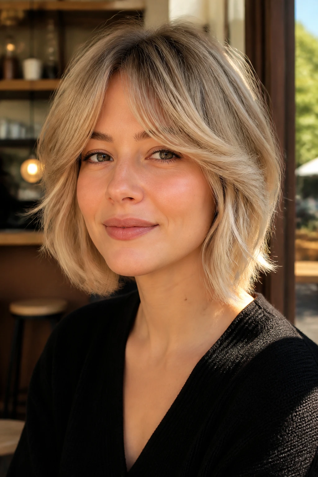 Woman with beige blonde shaggy bob and curtain bangs in a sunlit cafe.